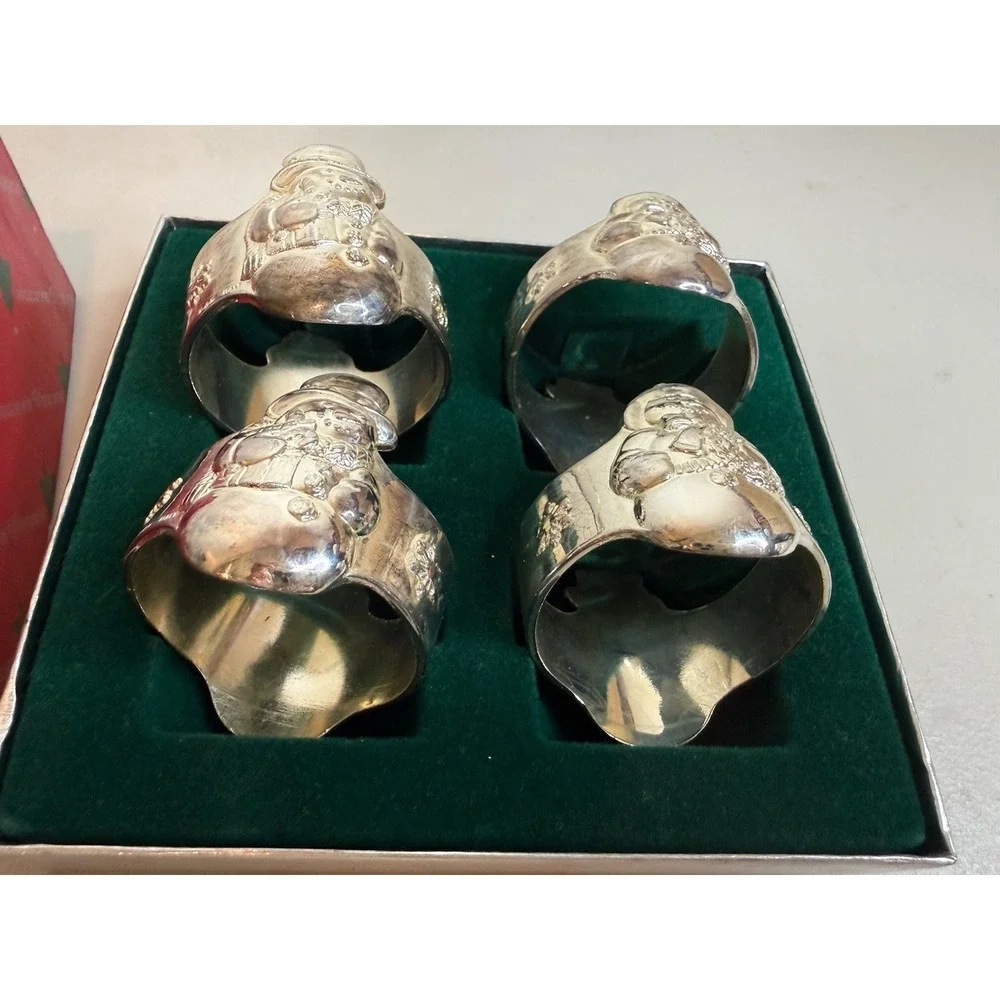 Reed Barton Vintage Italian Silver R925 Santa Snowman Napkin Ring Set 4 1428/4